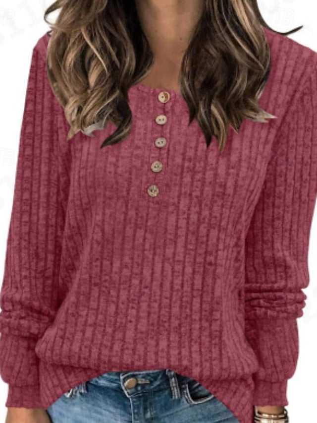 Women's Blouse Buttons Knit Solid Color Stylish Casual Long