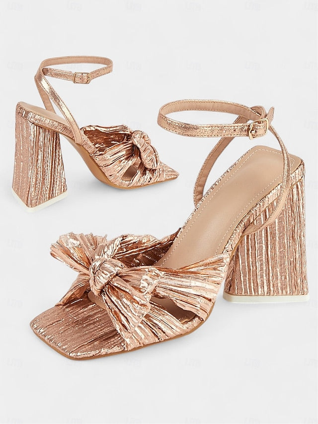 and Detail Rose with Knot Heel Sandals Gold Textured Block