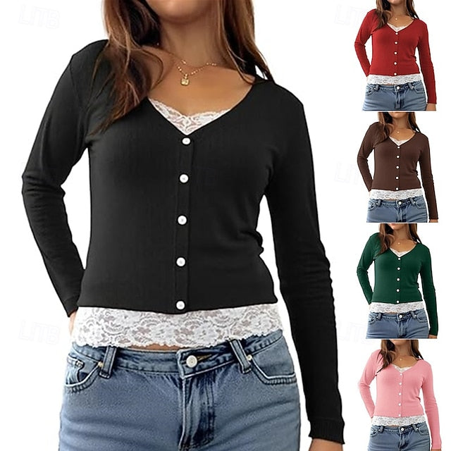 Women's Blouse Lace Patchwork Buttons Solid Color Elegant