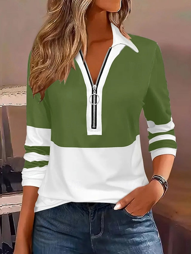 Women's Blouse Zipper Striped Stylish Casual Long Sleeve
