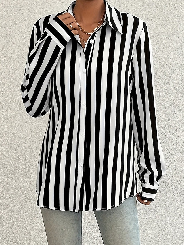 Women's Shirt Blouse Patchwork Buttons Striped Elegant