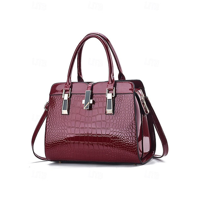 Sac à main femme en cuir verni imitation croco bordeaux