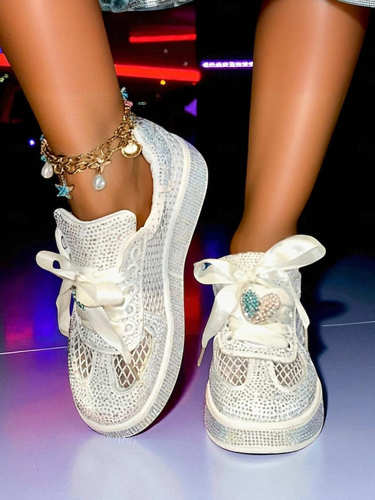 Women's Ribbon Laces Sneakers with White Satin Rhinestone