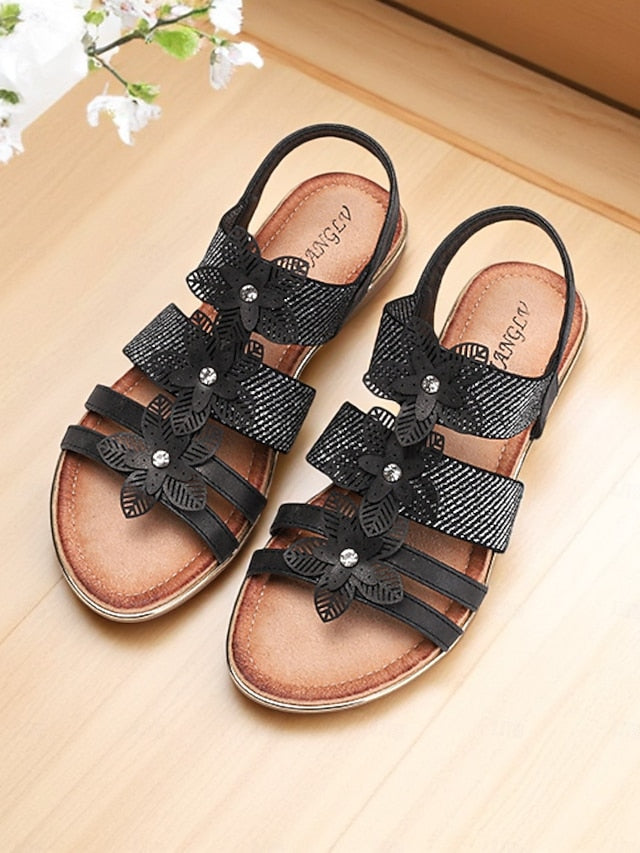 Sandals Elegant Beige – Flat Rhinestone Women's Floral