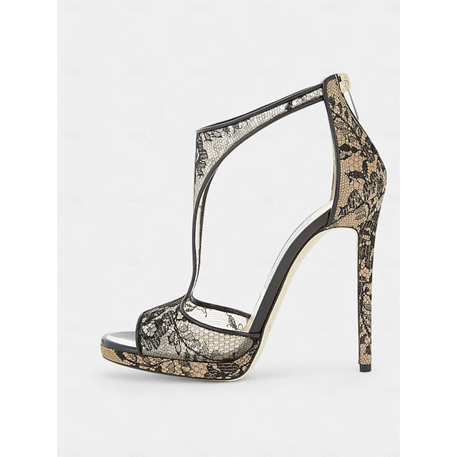 Lace Stiletto for Mesh Design Peep-Toe Black Heels with