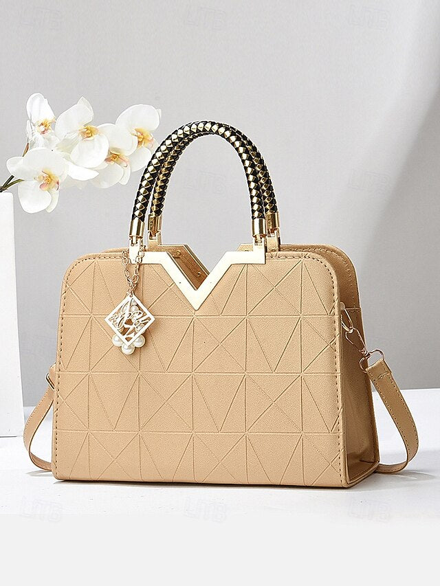 Women's Faux Leather Handbag with Pearl Pendant – Elegant