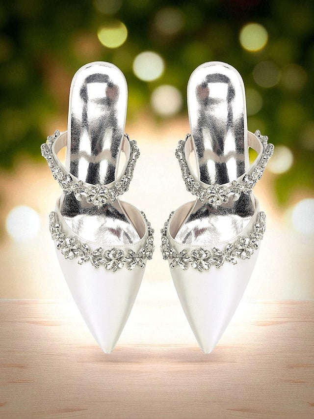 Block Heel Floral with Women's Black Mules Satin Rhinestone