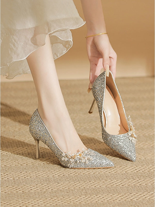 Heels Floral Silver with Women's Glitter Stiletto