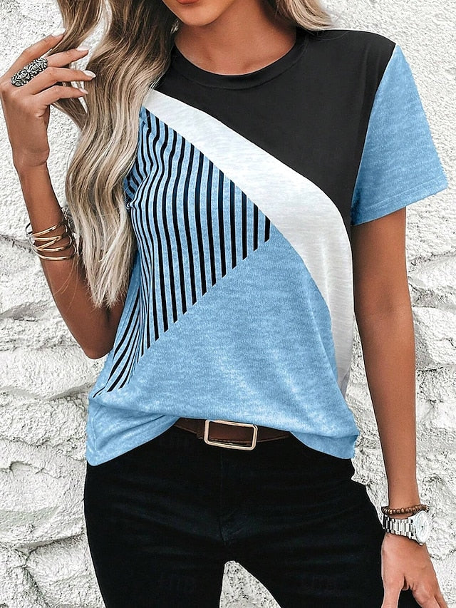 Women's T Shirt Casual Color Block Print Short Sleeve