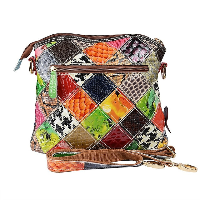 Damen Leder Schultertasche Bohemian Bunt Patchwork - Tasche