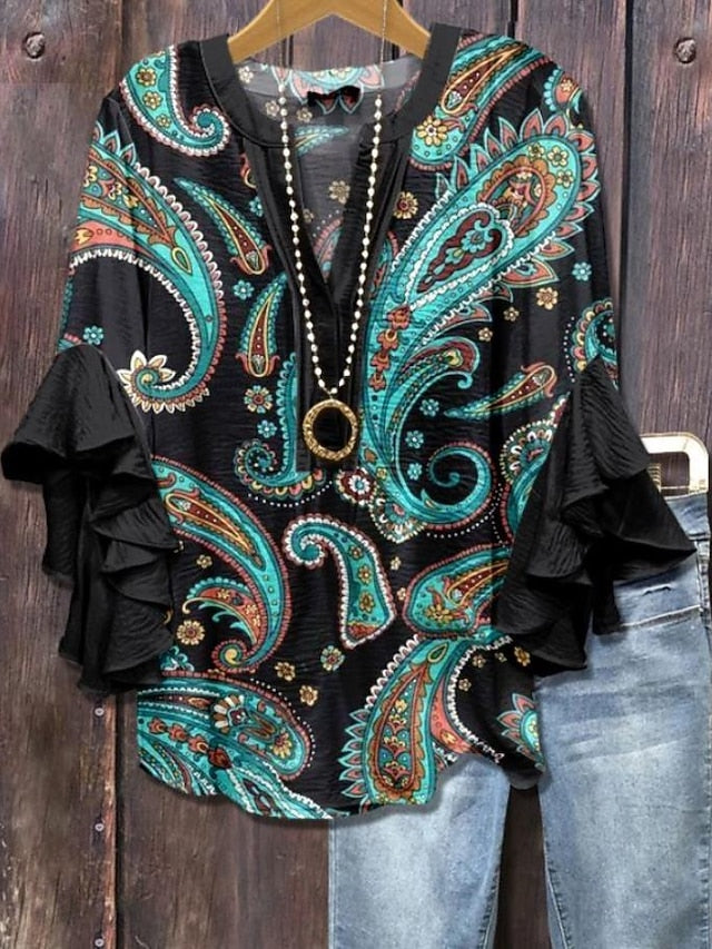 Women's Blouse V Neck Layered Ruffle Sleeve Tops Floral