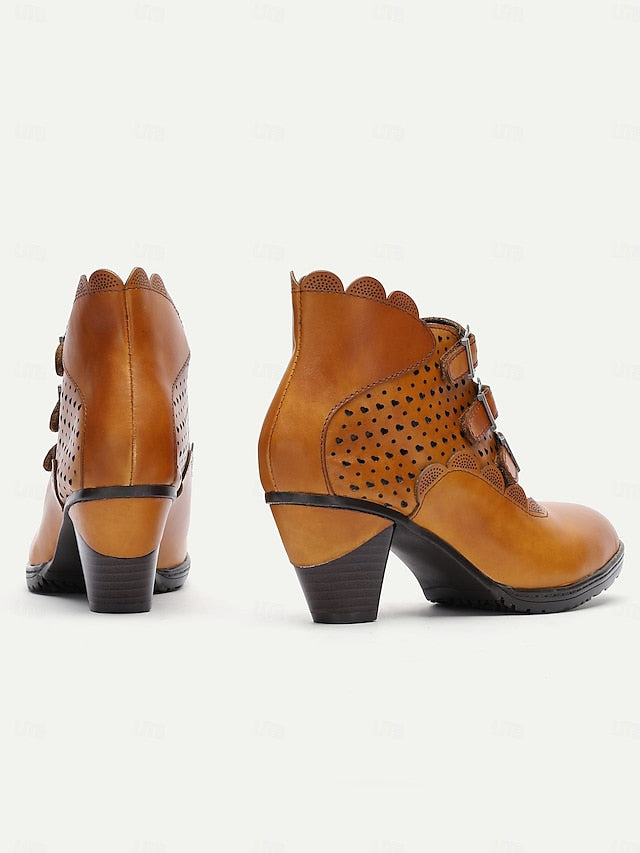 Strap Perforated Boots Brown - Ankle Vintage Women's Buckle