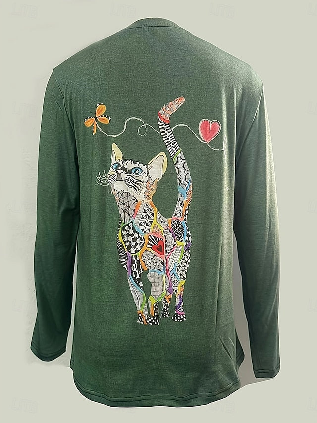 Women's T shirt Long Sleeve Floral Graphic Cat Vintage