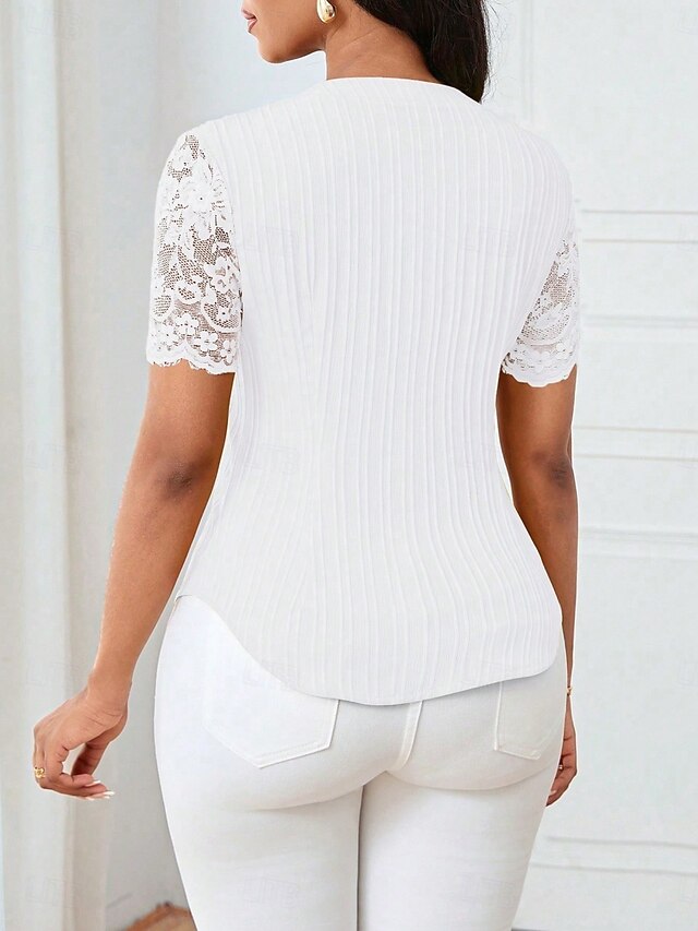 Women's T Shirt Tee Top Lace Patchwork Plain Elegant