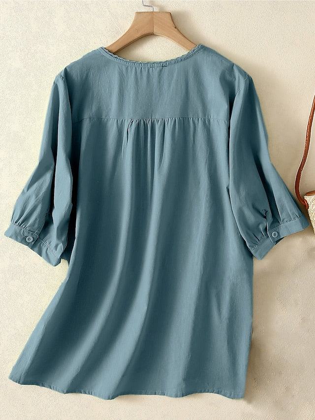 Women's Shirt Embroidered Solid Color Floral Casual Boho