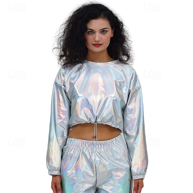 1980s Hip Hop Shiny Metallic Crop Top Sweatshirt Disco Fancy