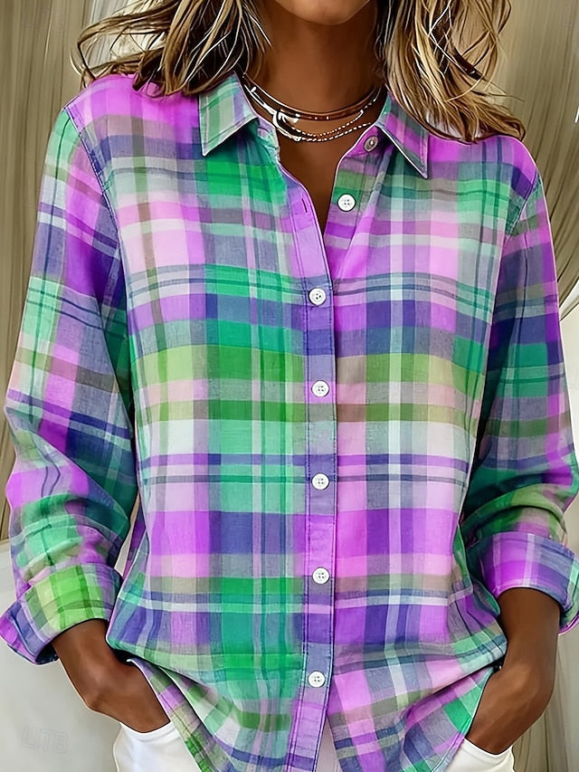 Women's Shirt Buttons Print Graphic Plaid Vintage Stylish