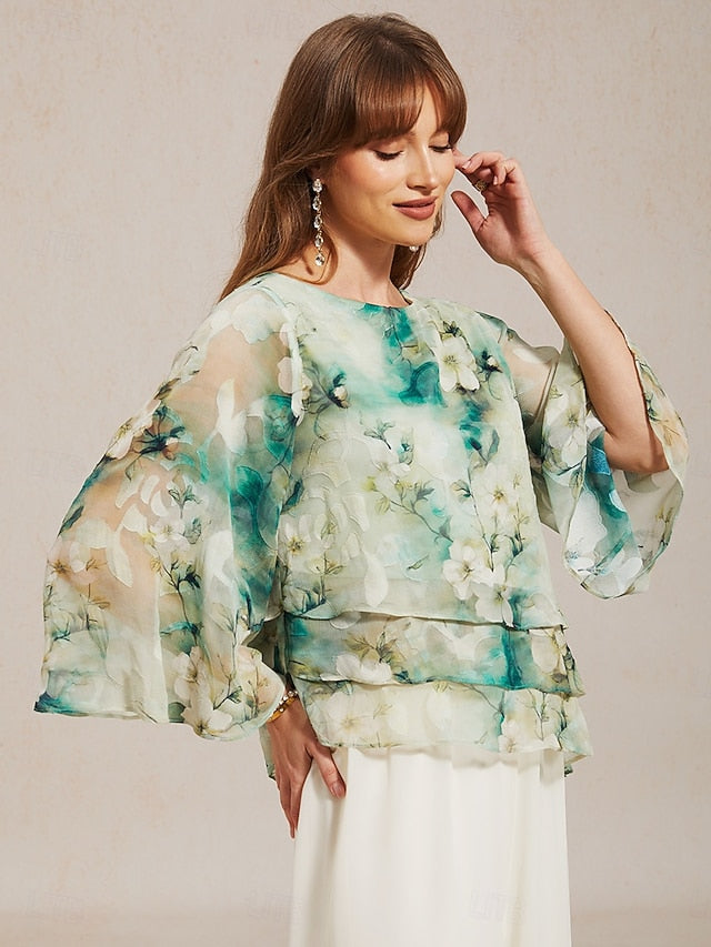 Women's Chiffon Tops Lace up Floral Elegant 3/4 Length