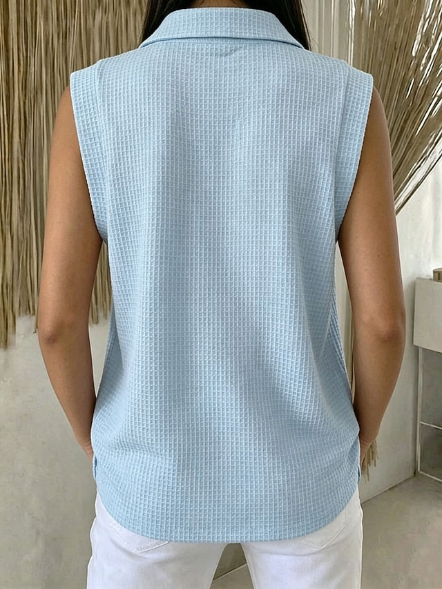 Women's Waffle Tank Top Polo Shirts Tee Pocket Stylish