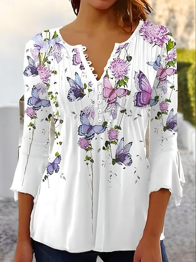 Women's T-Shirt  V Neck Ombre Floral Graphic Elegant 3/4
