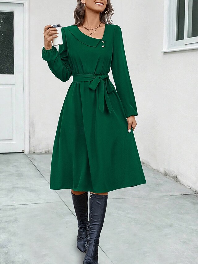 Women's Midi Dress Elegant Dark Green Long Sleeve Belted