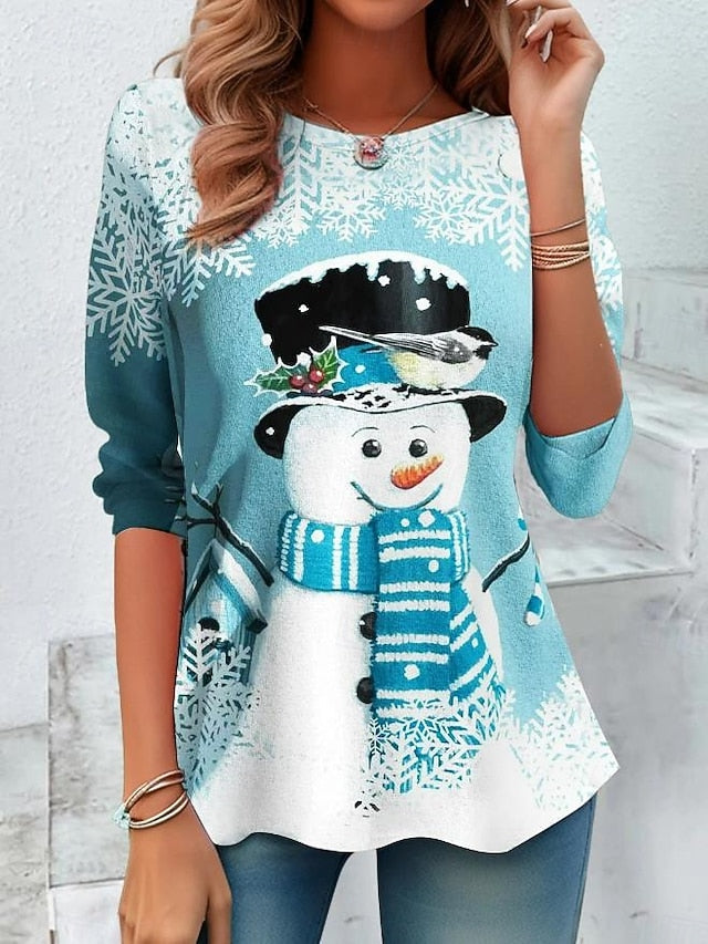 Christmas Women's T-Shirt Round Neck Red Festive Holiday