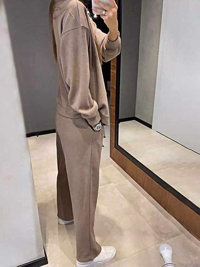 Women's Blouse Pants Sets Long Sleeve V Neck Solid Color