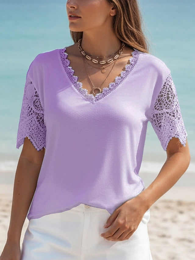 Women's Shirt Blouse Lace Tops Patchwork Lace Trim Plain