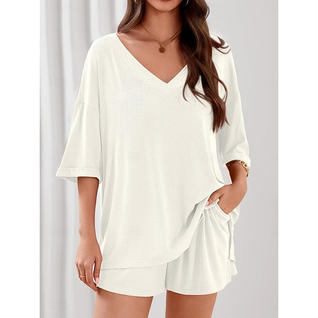 Women's Shorts Sets 3/4 Length Sleeve V Neck Solid Color
