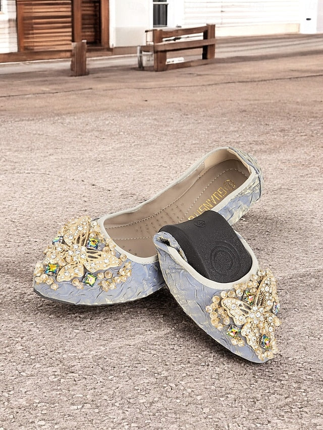 Flats Ballet with Foldable Women's Beaded Embroidered