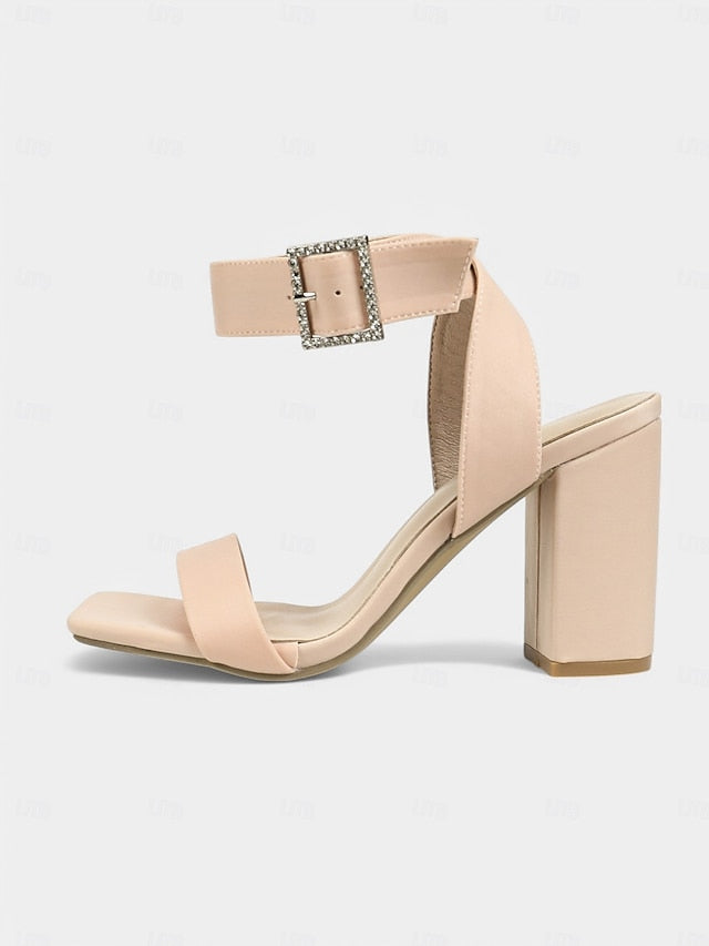 Women's Heel with Nude Rhinestone Sandals Block Satin
