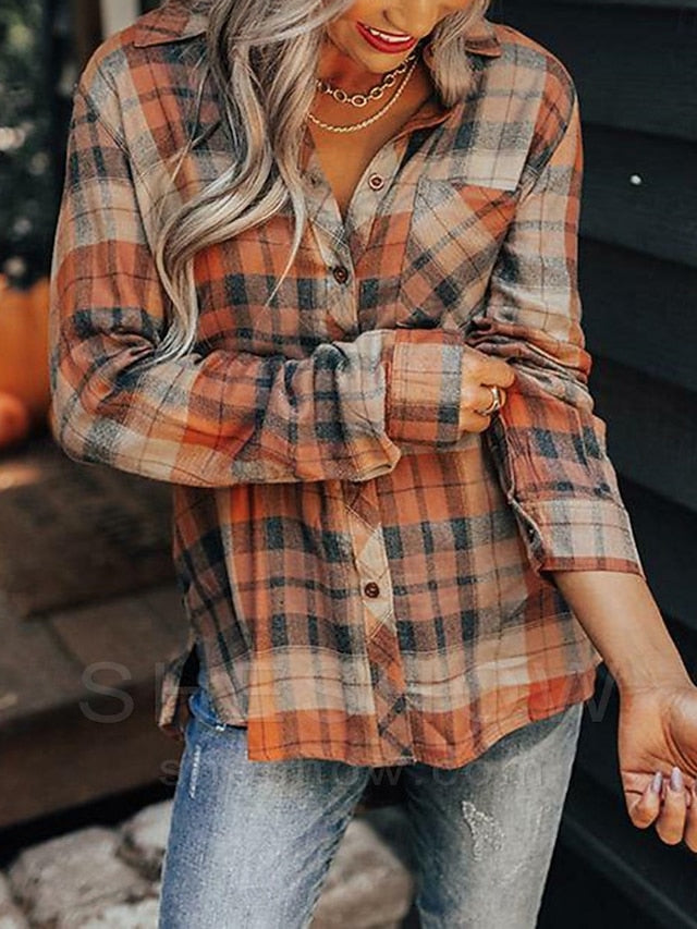 Women's Blouse Buttons Print Plaid Vintage Casual Long