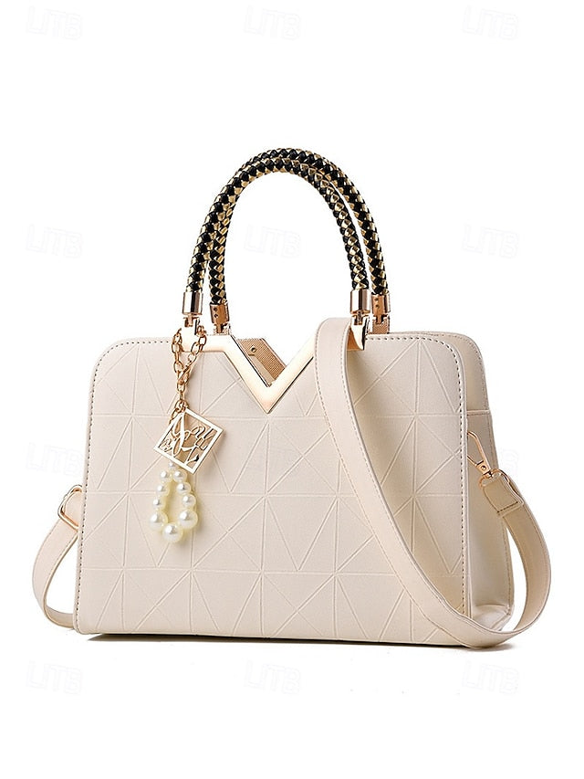 Women's Faux Leather Handbag with Pearl Pendant – Elegant