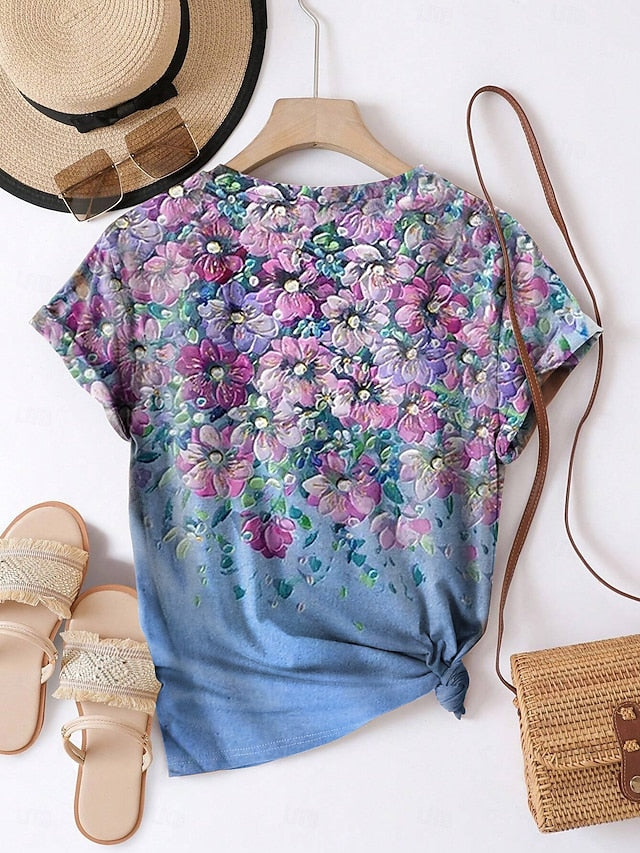 Women's T Shirt Print Floral Casual Short Sleeve Round Neck