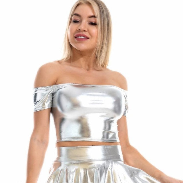 Metallic 1980s Shiny Latex Patent Crop Top PU Leather Off