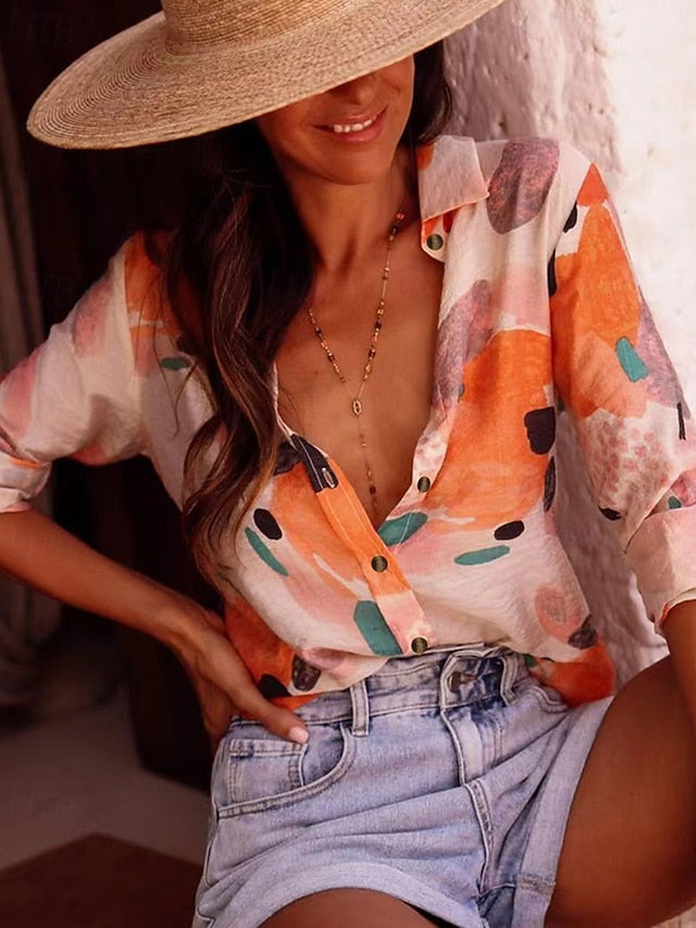 Women's Shirt Pocket Buttons Print Floral Bohemia Stylish