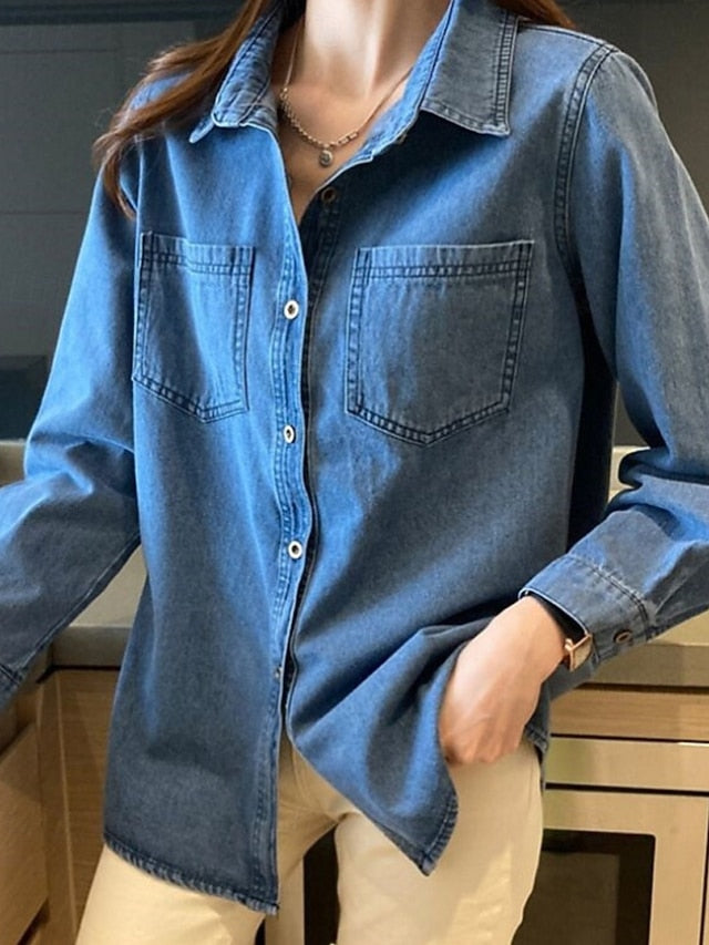 Women's Shirt Blouse Pocket Buttons Plain Casual Long