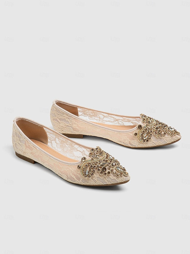 Beige Flats Ornate with Ballet Lace Women's Elegant