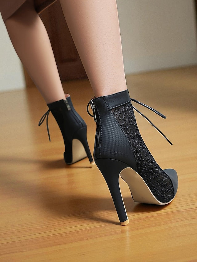 Heels Women's Stiletto Booties Mesh with White Lace Ankle