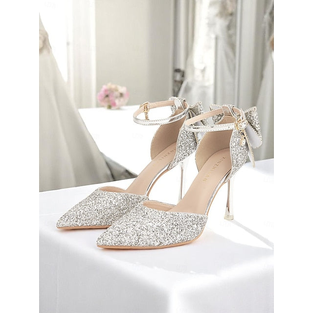 Heels - Pointed Toe Glitter Bow Women's Silver Sparkly