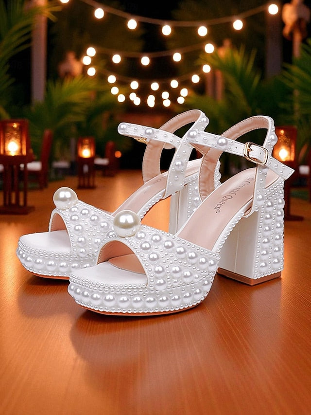 White Sandals Heel Embellished Platform Pearl Block Women's
