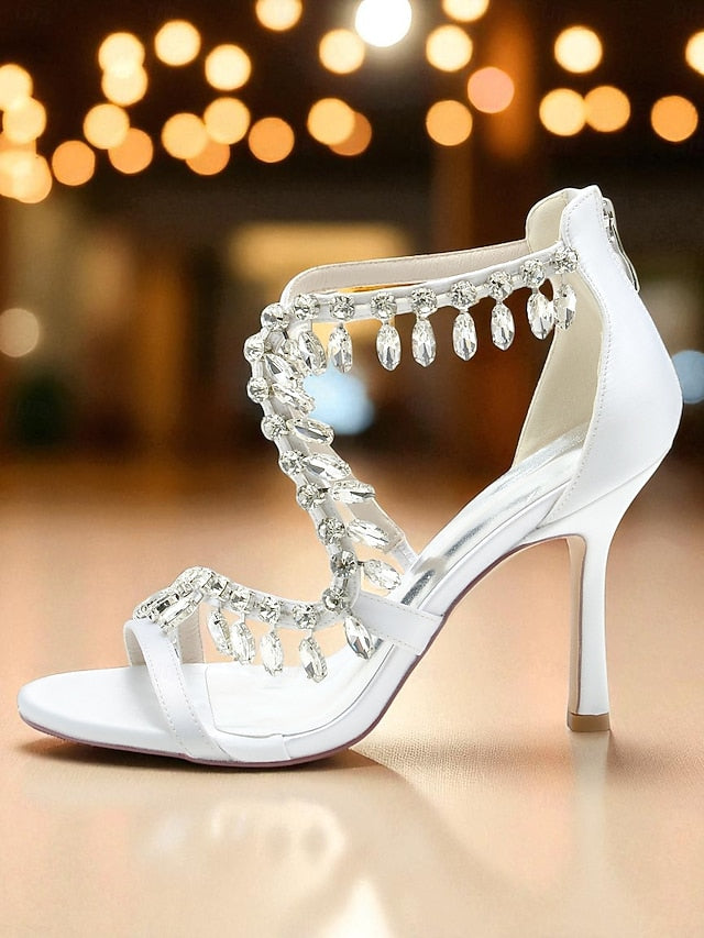 with Strappy Heel High Sandals Rhinestone Women's White