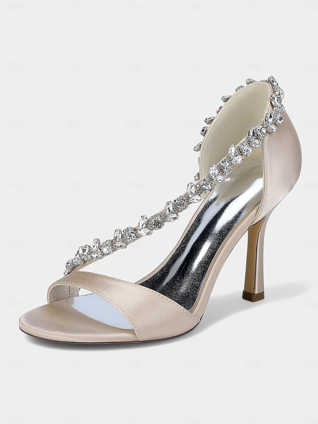 – Satin Champagne Crystal High Women's Heels T-Strap with