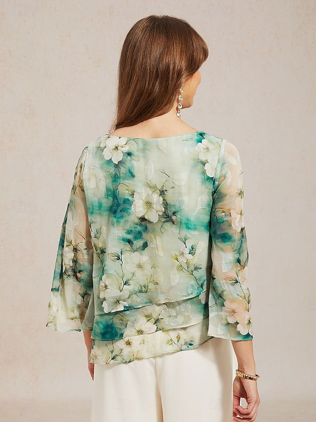 Women's Chiffon Tops Lace up Floral Elegant 3/4 Length