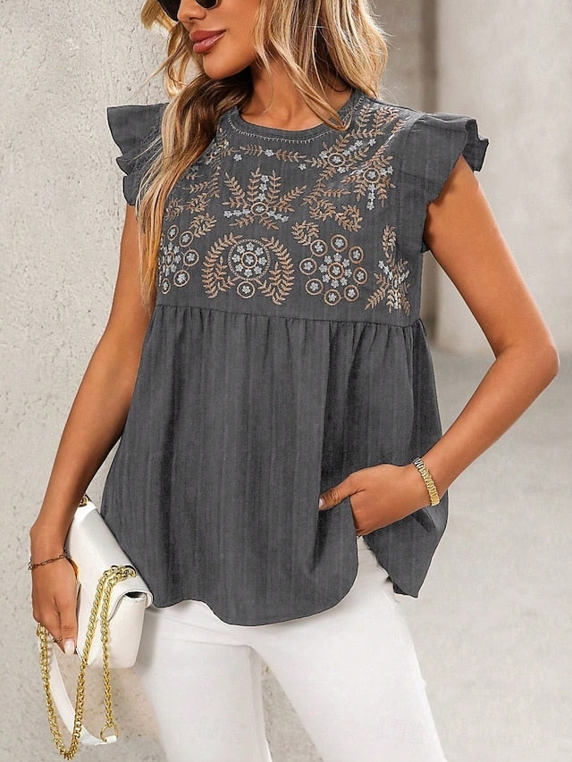 Women's T Shirt Tee Top Embroidered Floral Bohemia Vintage