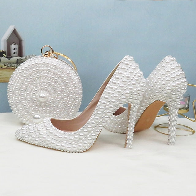 Heels Pearl Purse and Pearl-Embellished Round Stiletto Set White