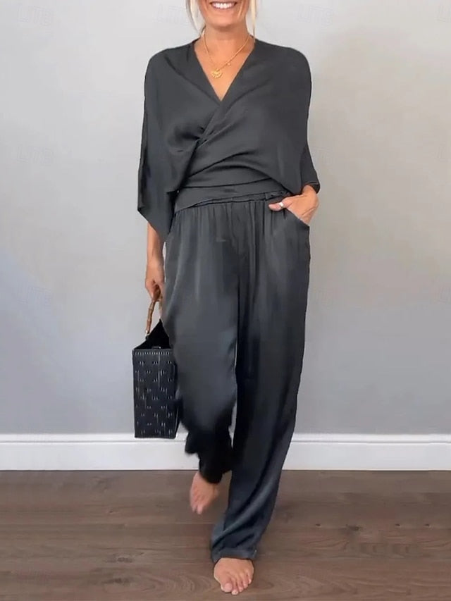 Women's Pants Sets Bolero Top Short Sleeve V Neck Plain