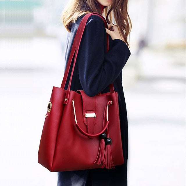 Tote Pink Leather - Handbag Faux Women's Set 3-Piece