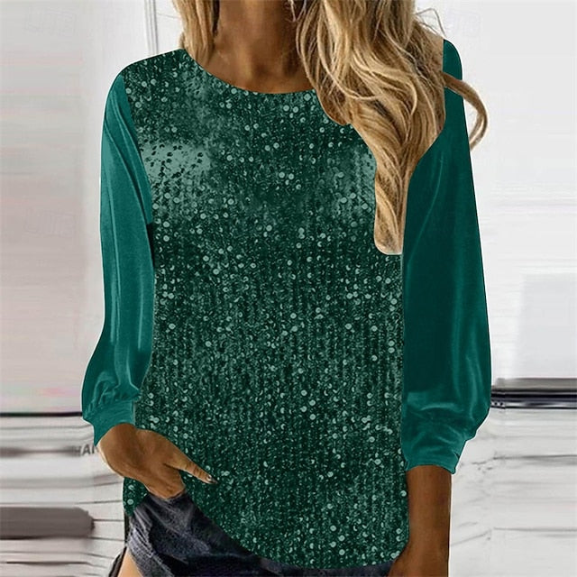 Women's T Shirt Tee Top Sequins Patchwork Solid Color