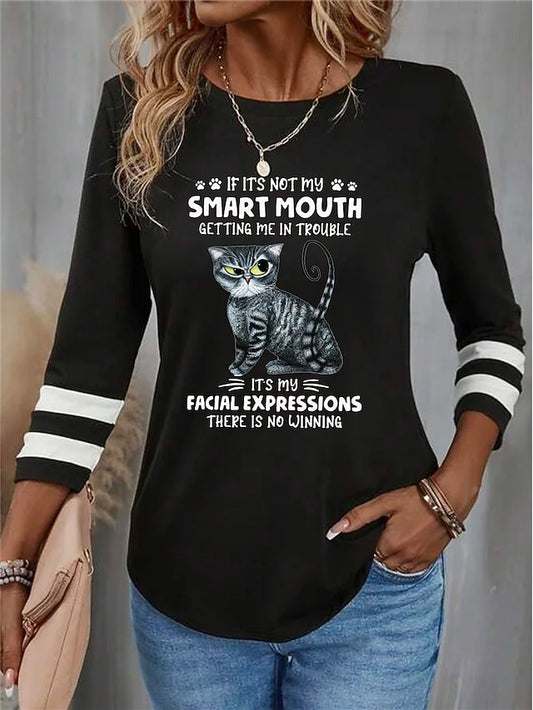Women's T shirt Crew Neck Long Sleeve Tunic Cat Letter